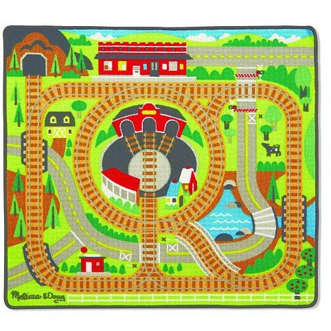 Melissa & Doug Round the Rails Train Rug With 3 Linking Wooden Train Cars (39 x 36 inches)