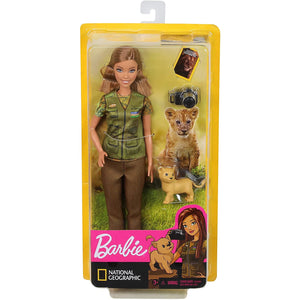 Barbie Photojournalist Brunette Doll with Lion Cub, Camera and Magazine Cover, Inspired by National Geographic