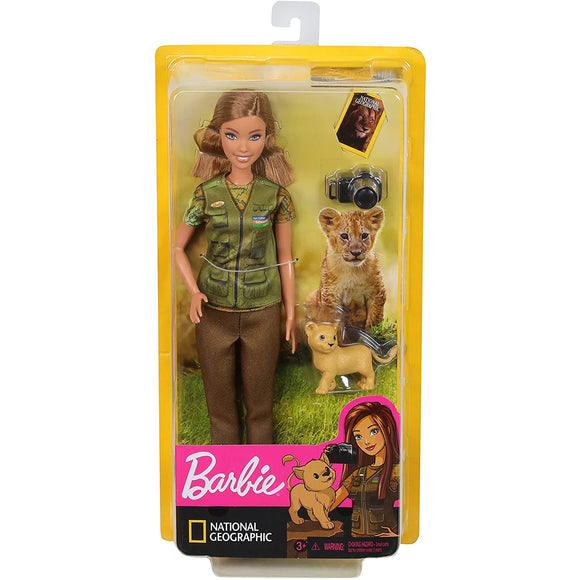 Barbie Photojournalist Brunette Doll with Lion Cub, Camera and Magazine Cover, Inspired by National Geographic