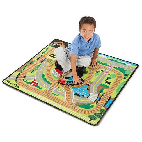 Melissa & Doug Round the Rails Train Rug With 3 Linking Wooden Train Cars (39 x 36 inches)
