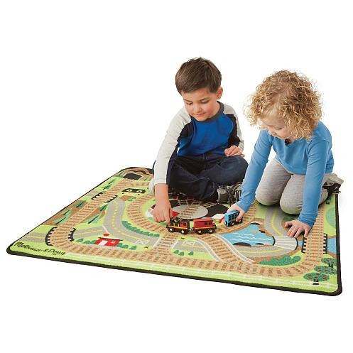 Melissa & Doug Round the Rails Train Rug With 3 Linking Wooden Train Cars (39 x 36 inches)