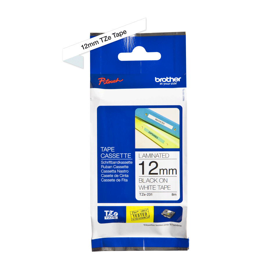 Brother PTouch Tape Cassette Laminated 12 mm Black On White Tape